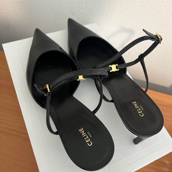 Celine Kitten T-Strap Heels with gold Triomphe Detail - Picture 2 of 5